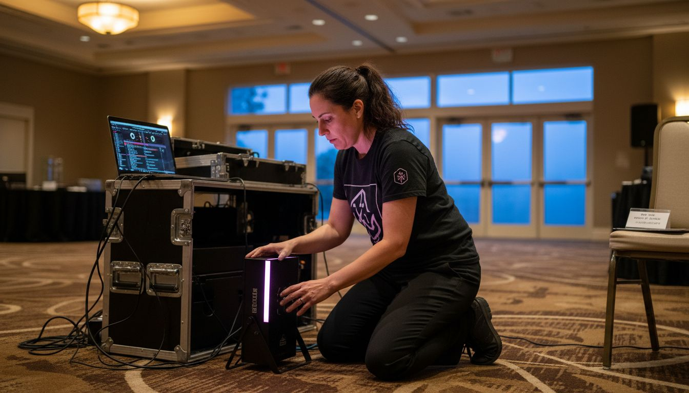 DJ setting lighting in corporate ballroom