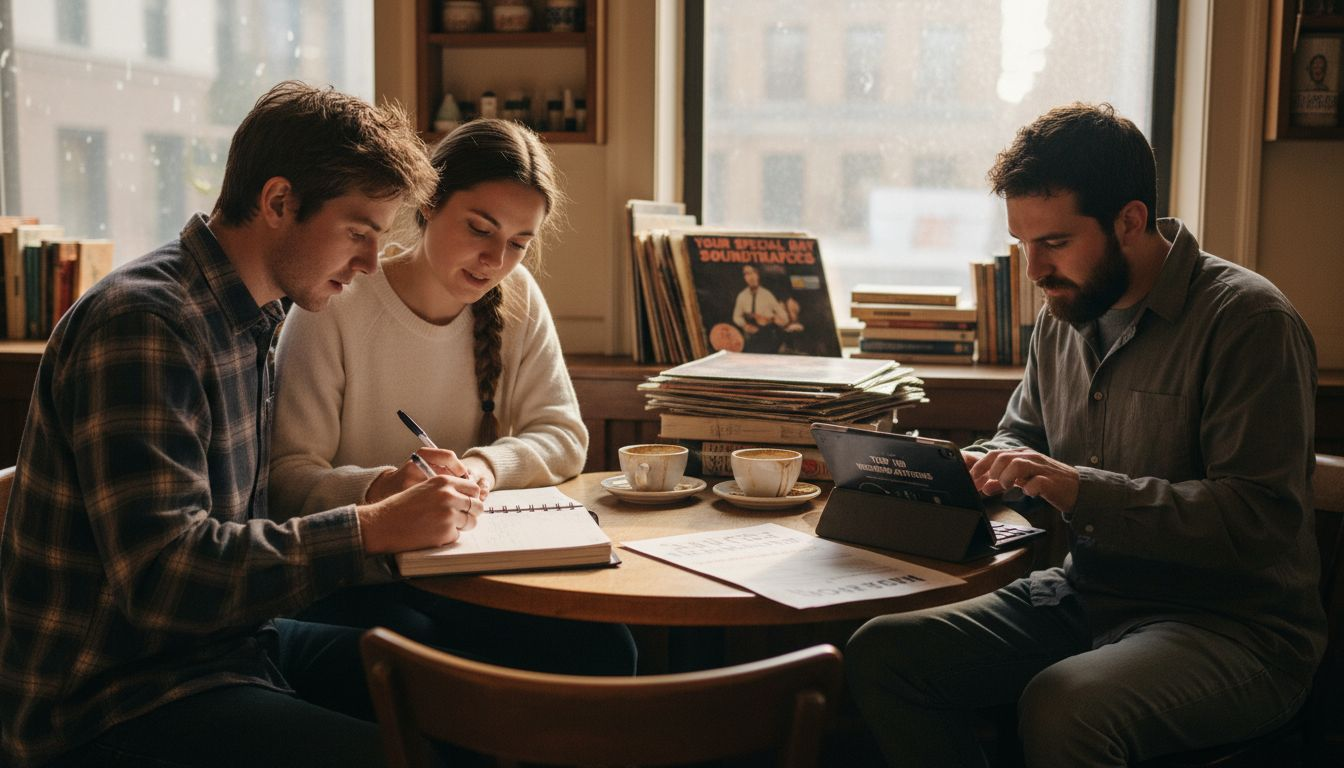 Couple consulting with DJ for wedding playlist