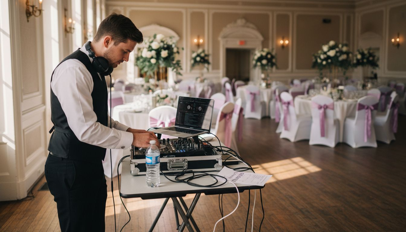 DJ setting up equipment for wedding reception