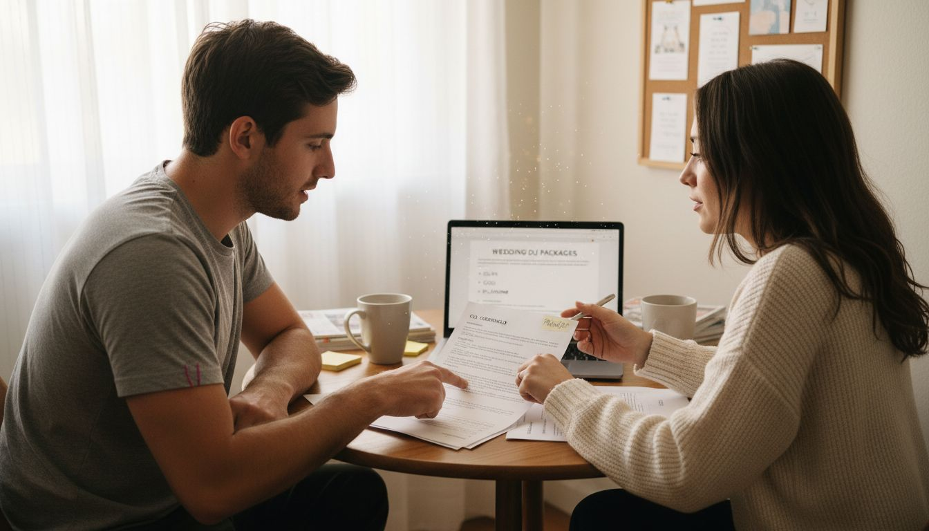 Couple reviewing DJ package details at home