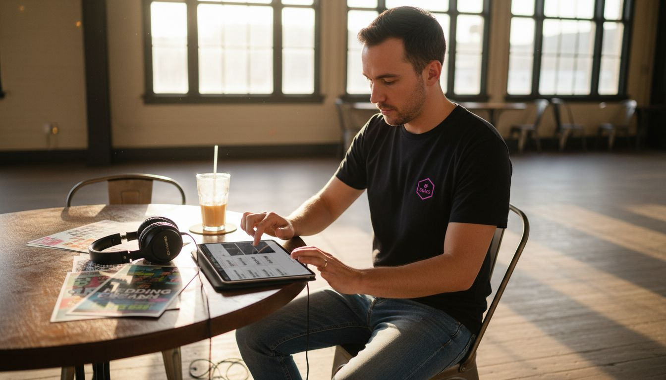 DJ choosing event package at venue table