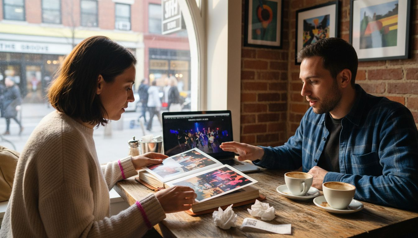 Client reviewing DJ portfolio in cafe meeting