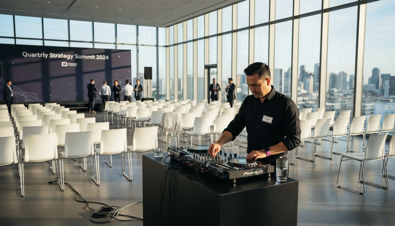 Corporate DJ preparing at large conference event