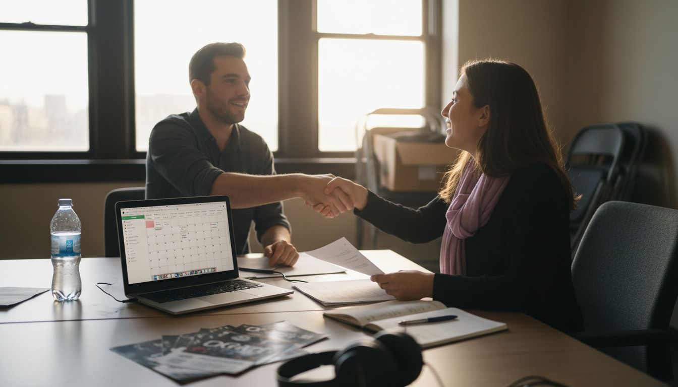 Event coordinator and DJ finalize booking process