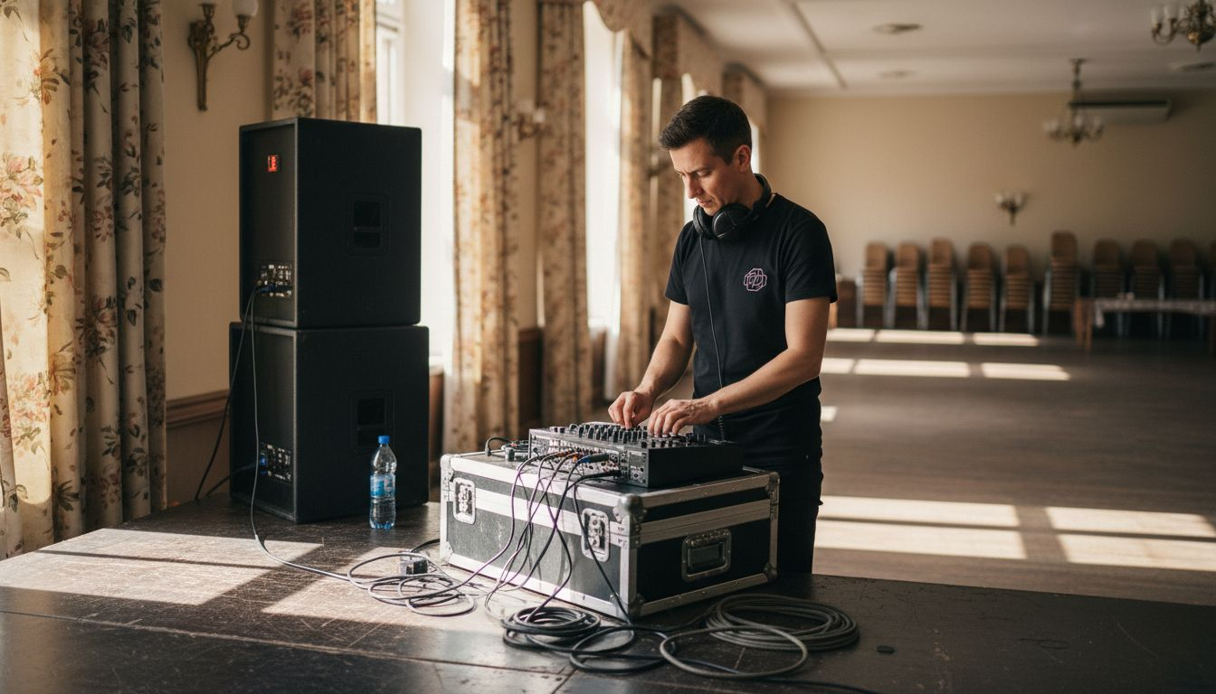 DJ setting up equipment at banquet hall