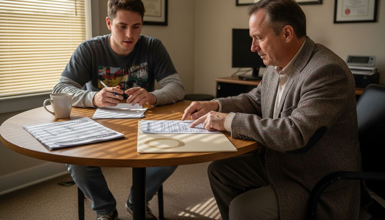 Insurance specialist reviews policy with event DJ