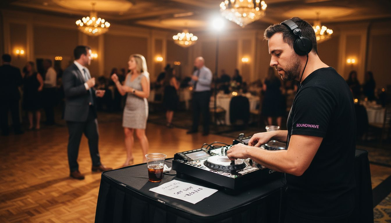DJ mixing at event overlooking dance floor