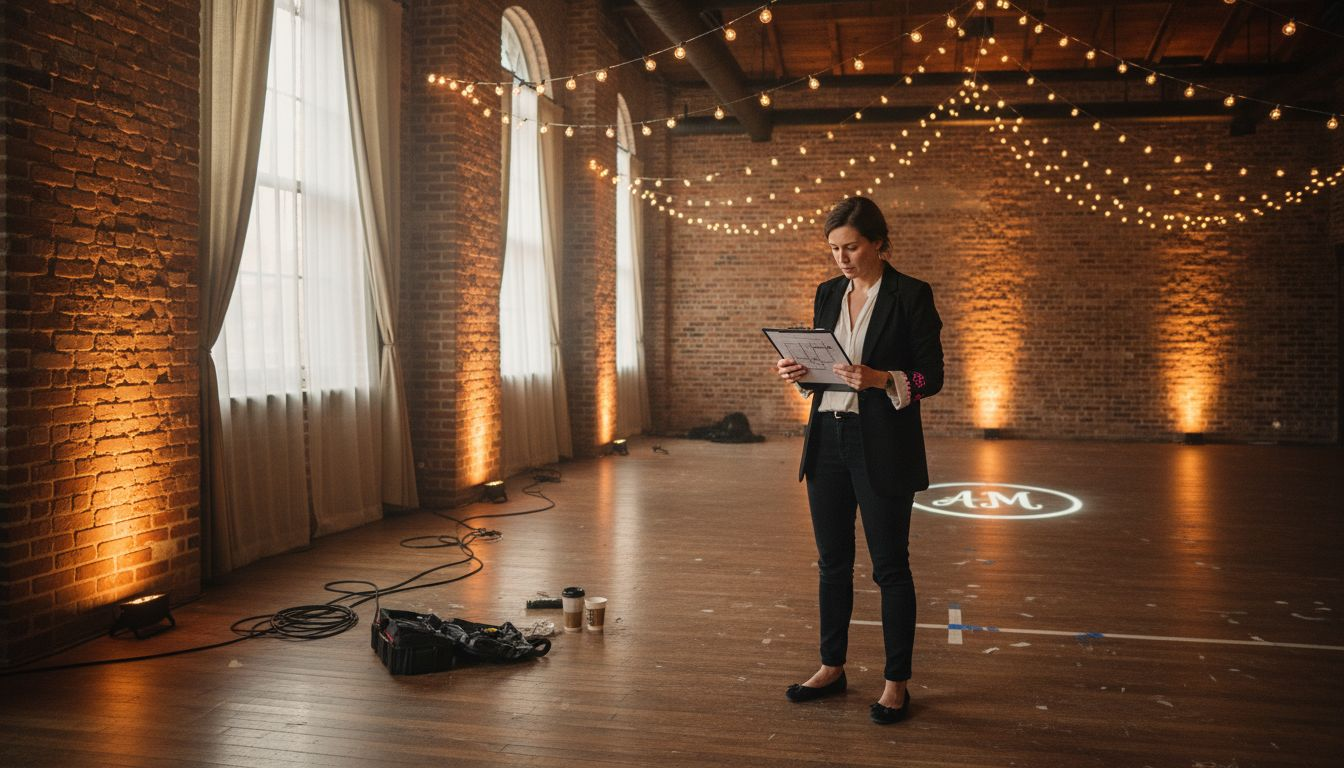Event planner reviewing lighting setup for ambiance
