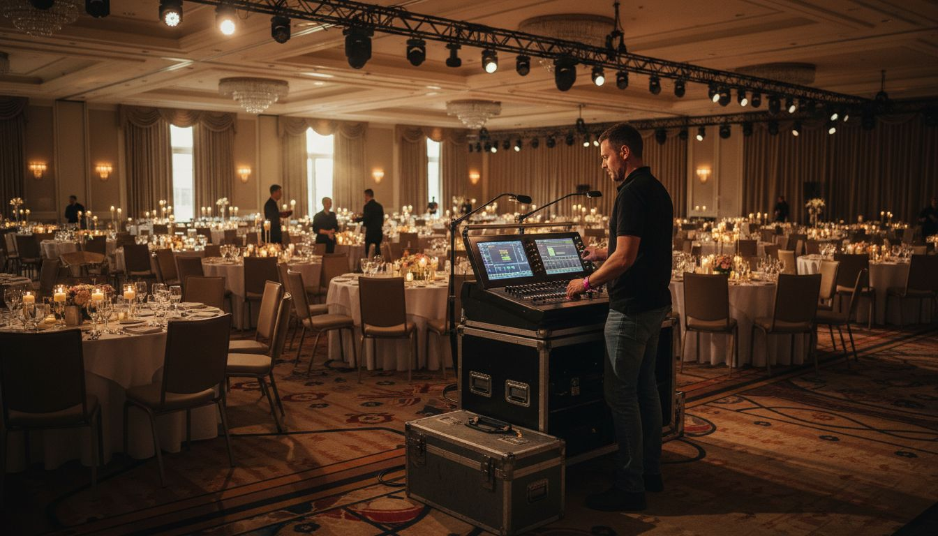 Lighting technician adjusting ballroom event lights