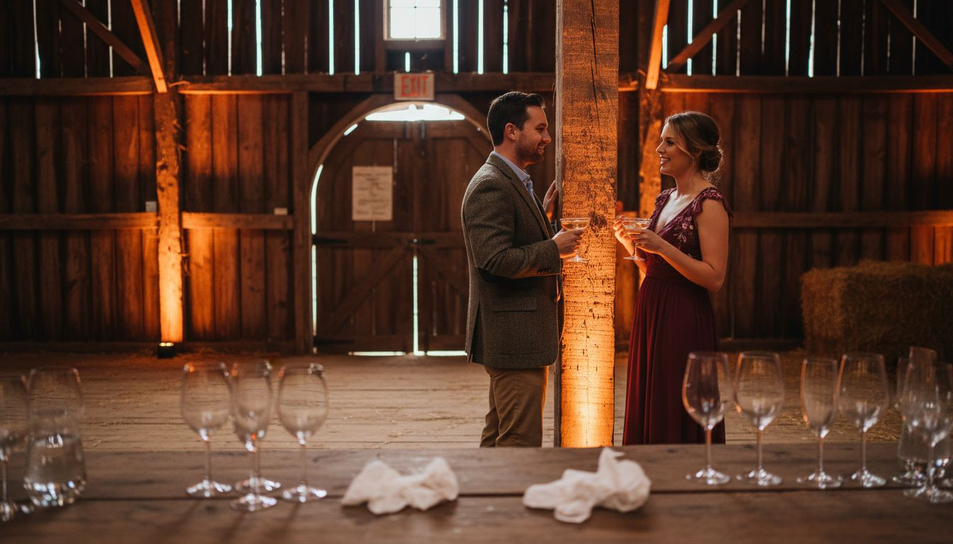 Guests in barn with amber uplighting