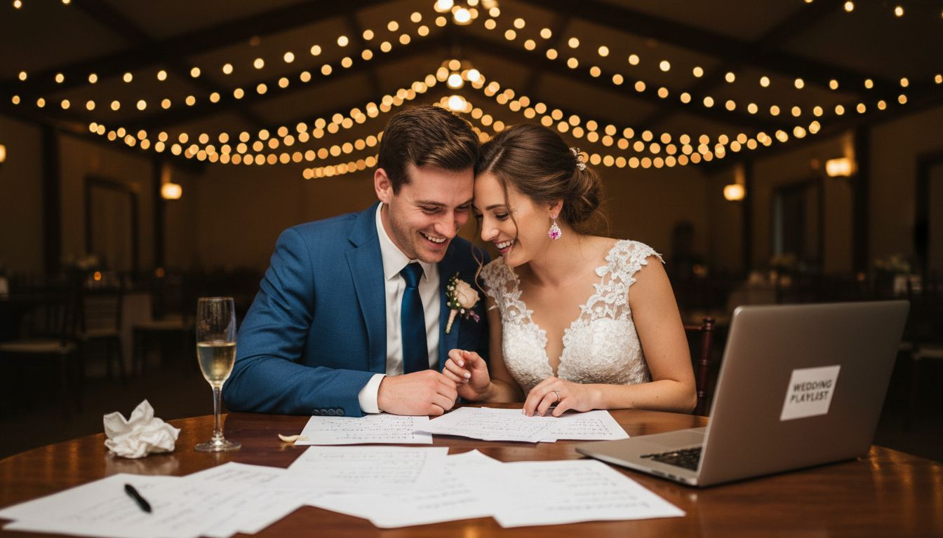 Couple planning wedding playlist at festive table