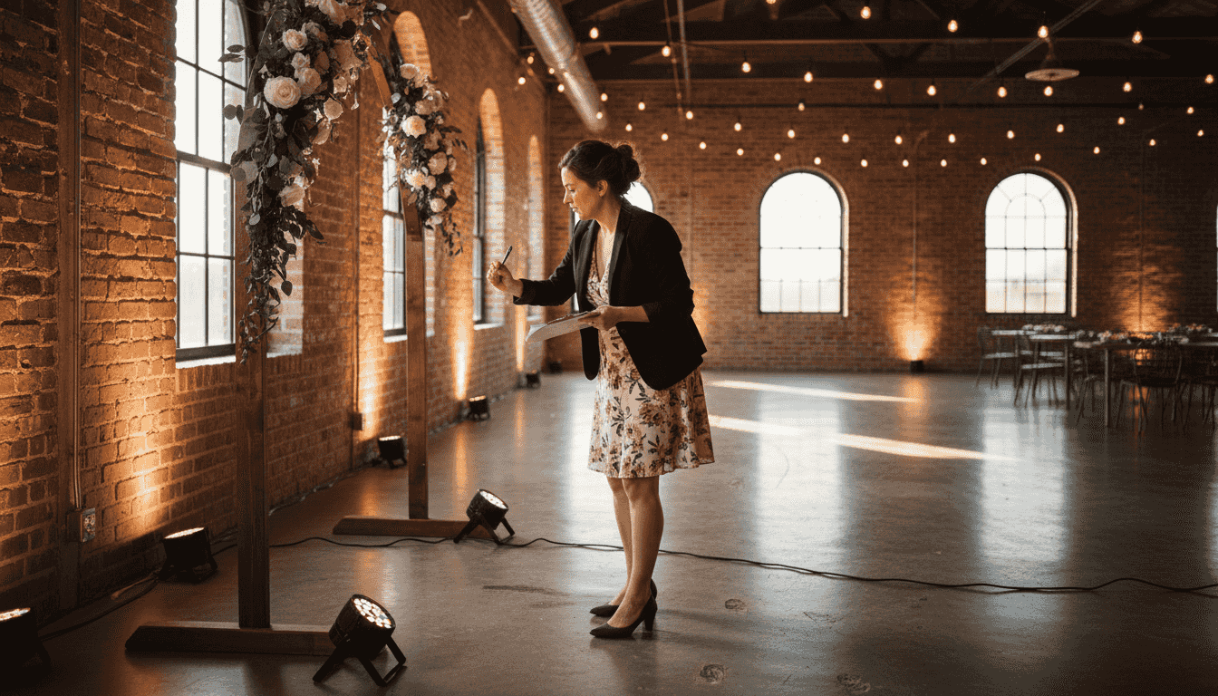 Wedding planner adjusting lighting at Texas venue