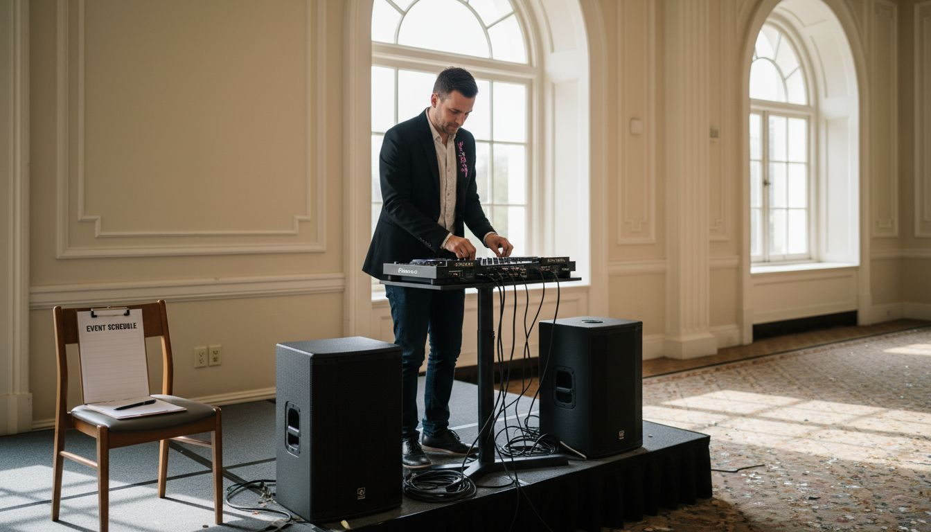 DJ preparing wedding music setup in ballroom