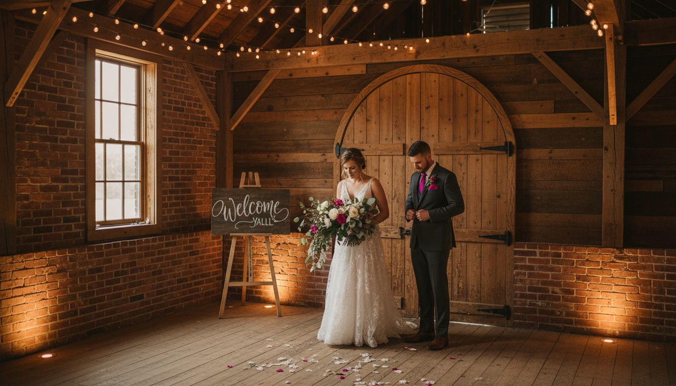 Couple entering warmly lit Texas wedding venue