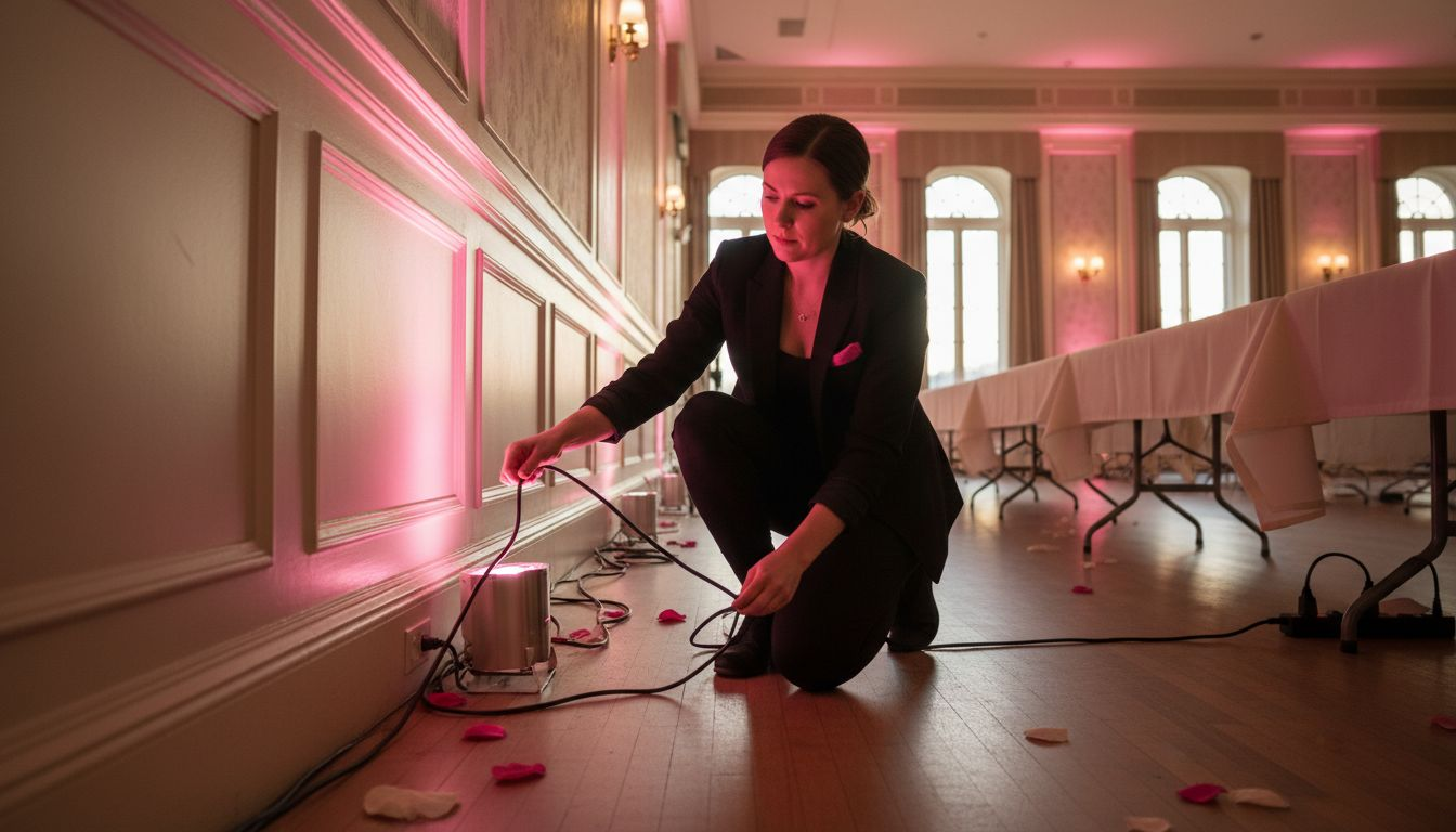 Planner adjusts uplights in banquet wedding hall