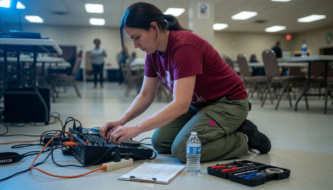 DJ troubleshooting audio cables at venue