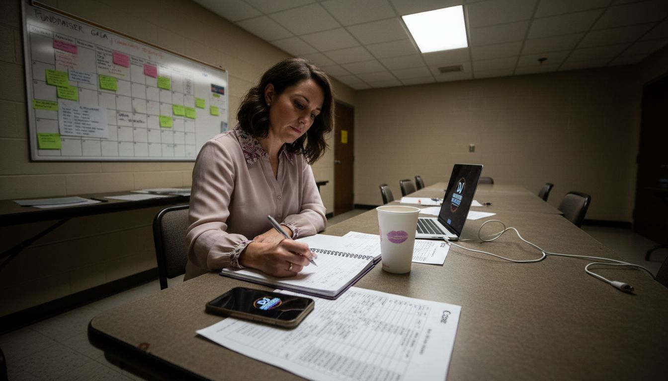 Planner coordinating DJ schedule with contract notes