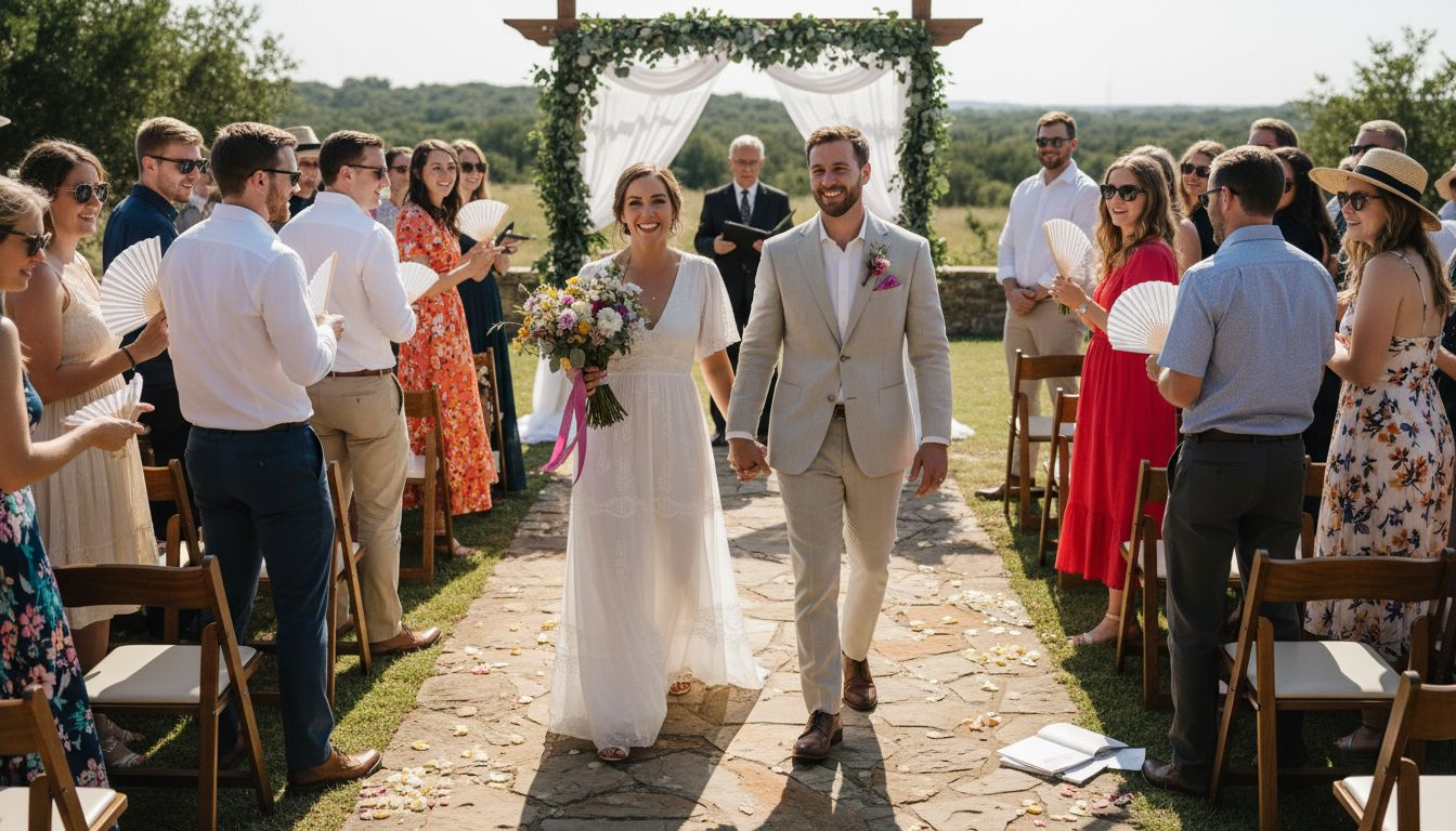 Outdoor Texas wedding ceremony with couple and guests