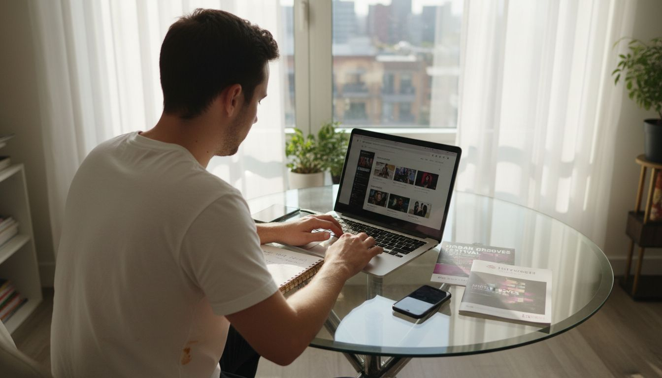 Event planner reviewing DJs online at home