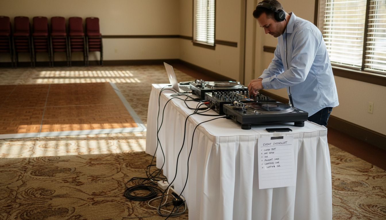DJ preparing setup in a hotel ballroom