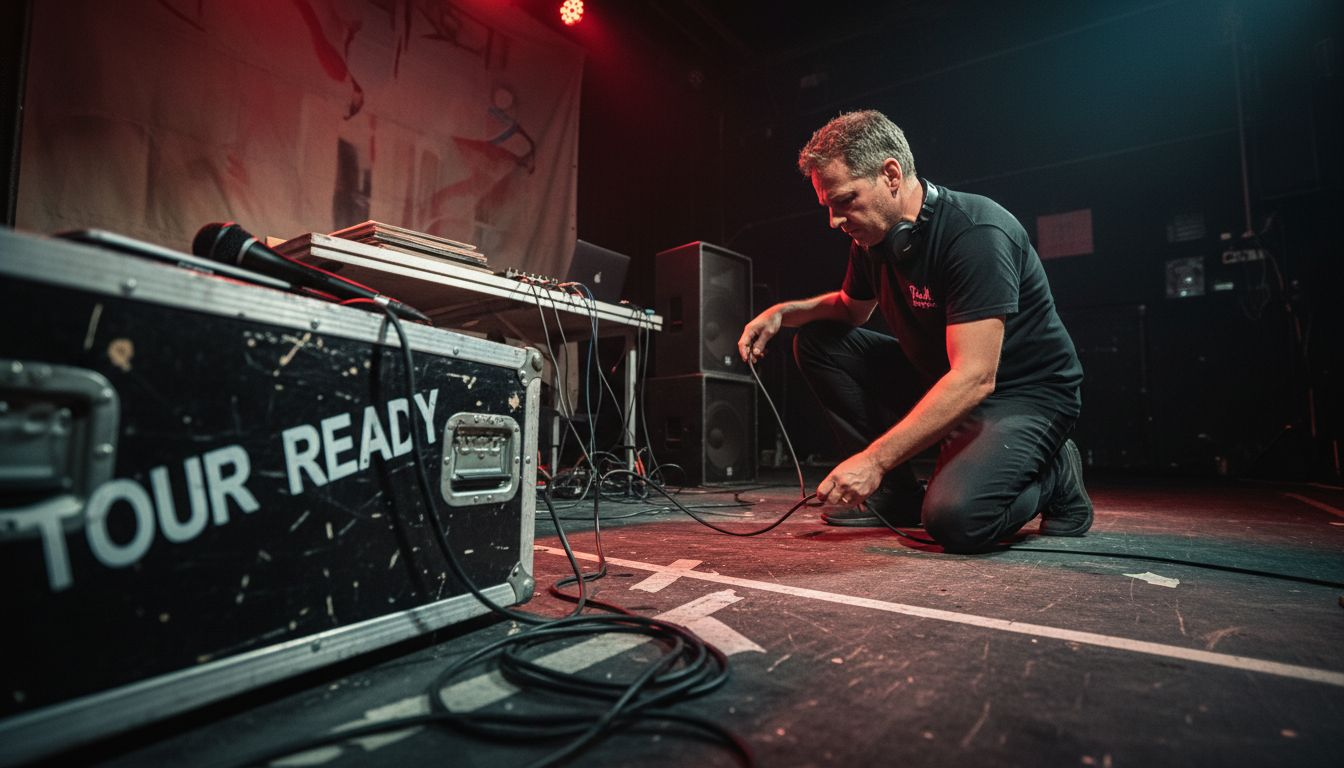 DJ troubleshooting a backup speaker cable