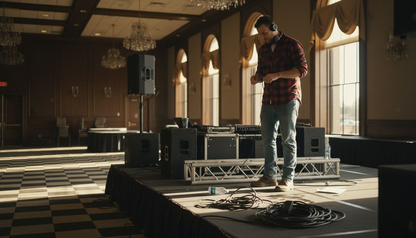 DJ setting up corporate banquet hall
