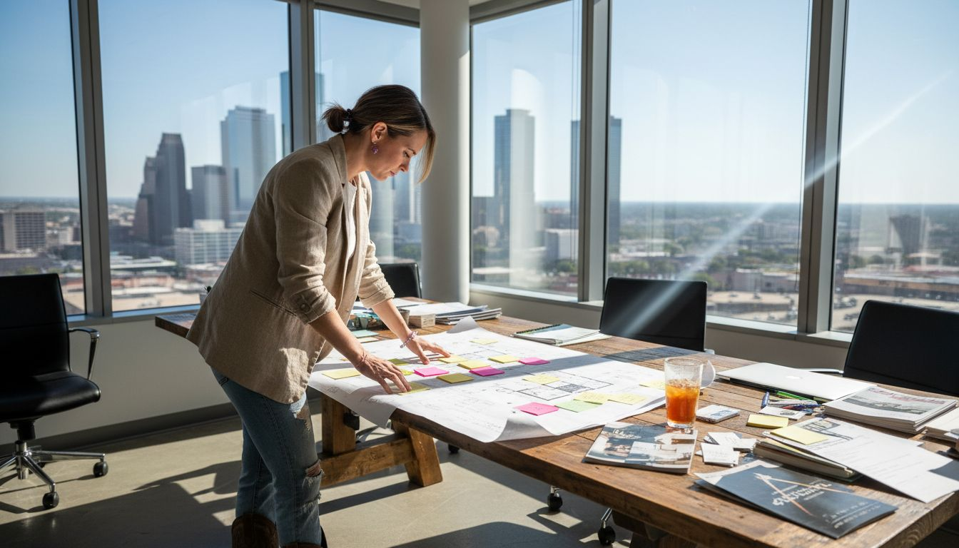 Texas event planner reviewing floor plans