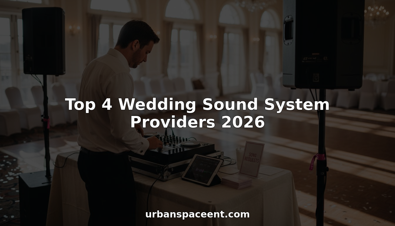 DJ checking wedding sound system in ballroom