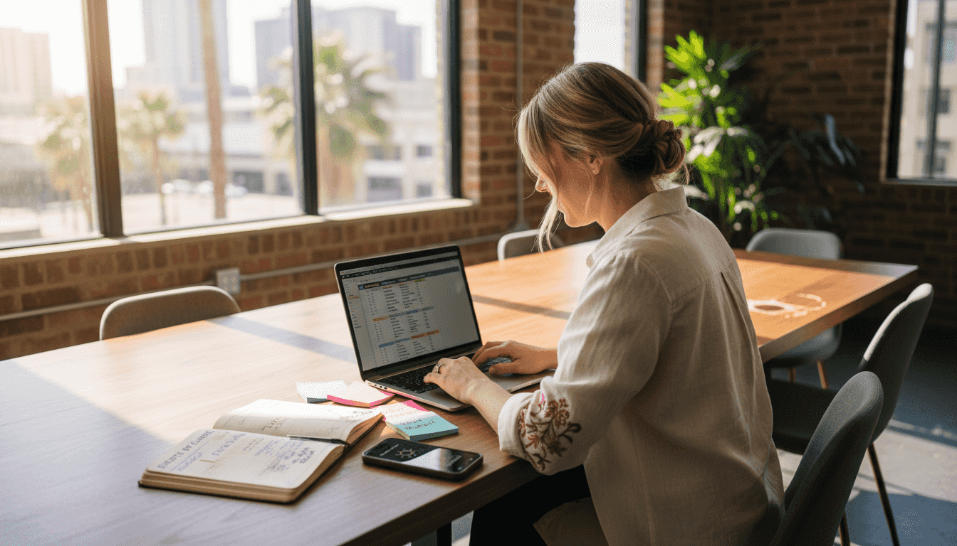 Event planner organizing workflow in sunlit office