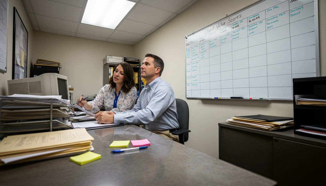 HVAC staff analyzing client files and whiteboard