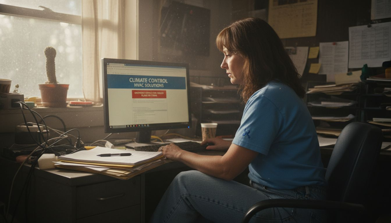 Woman managing HVAC company website in office