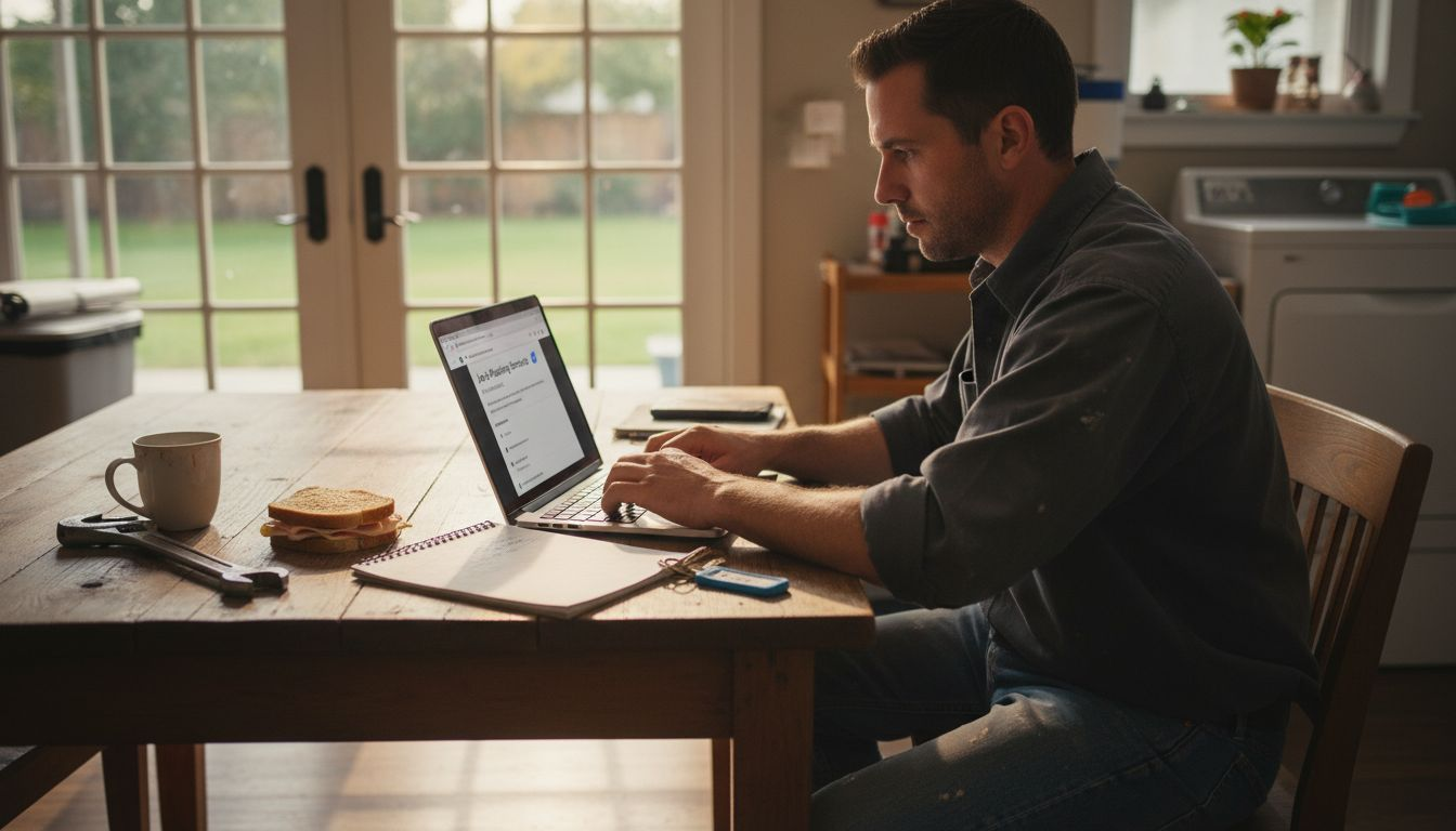 Plumber updating Google Business Profile at table