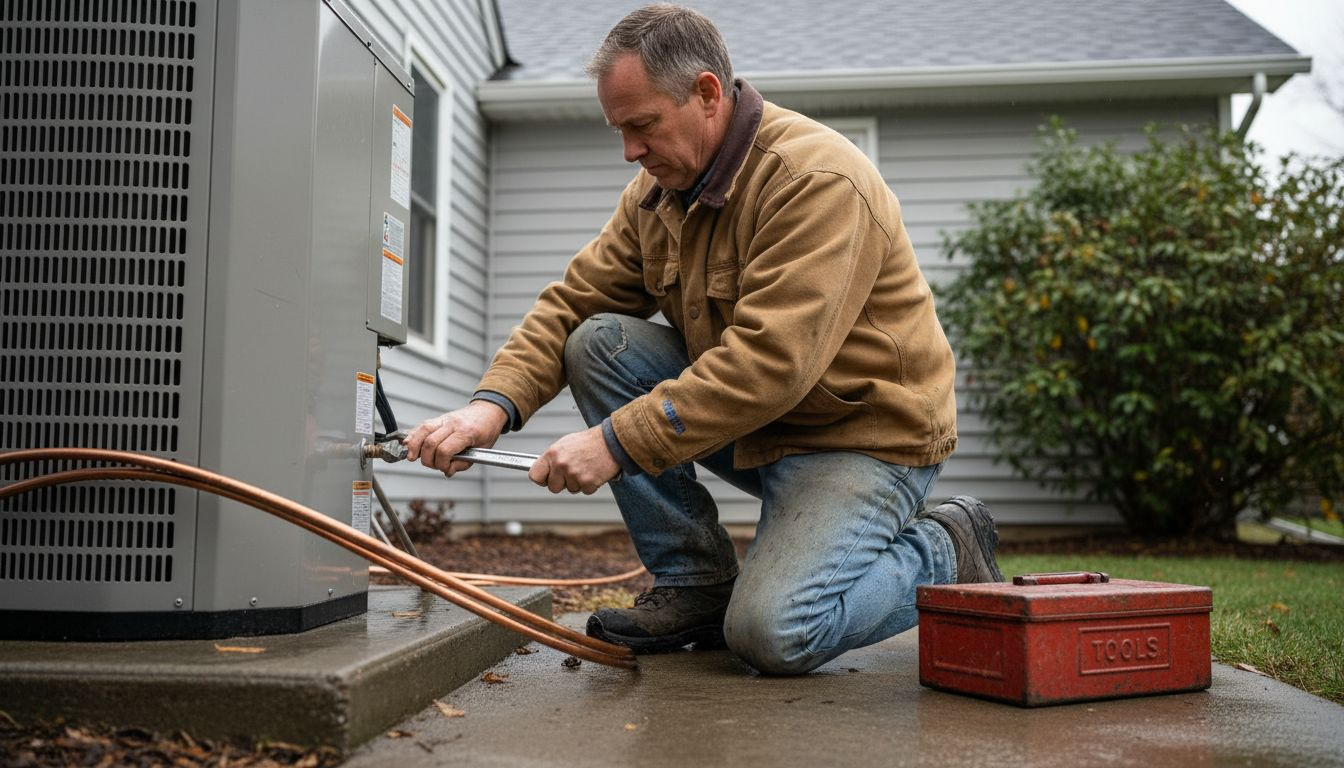 Installer working on heat pump at home