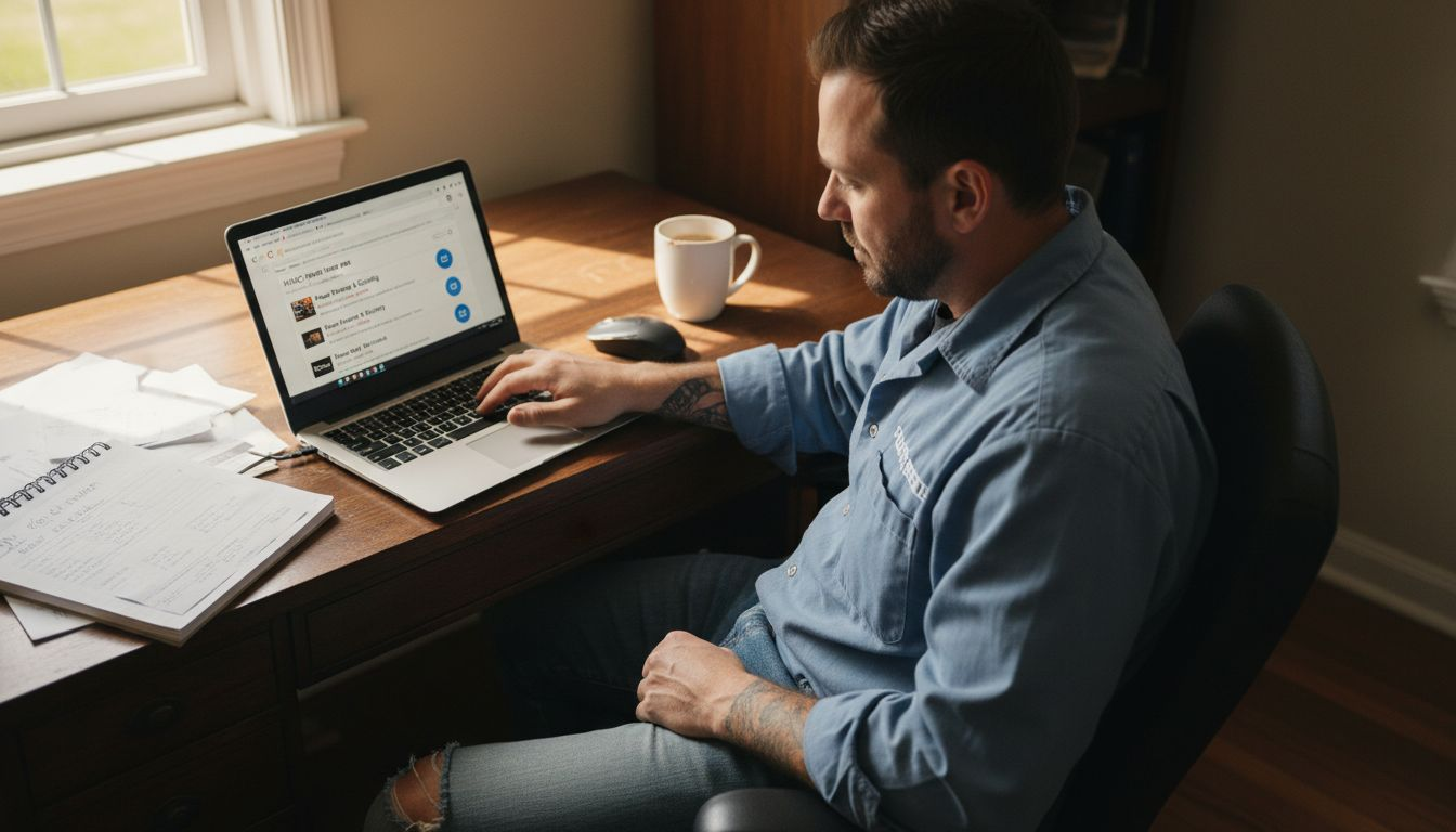 Technician checking HVAC website rankings