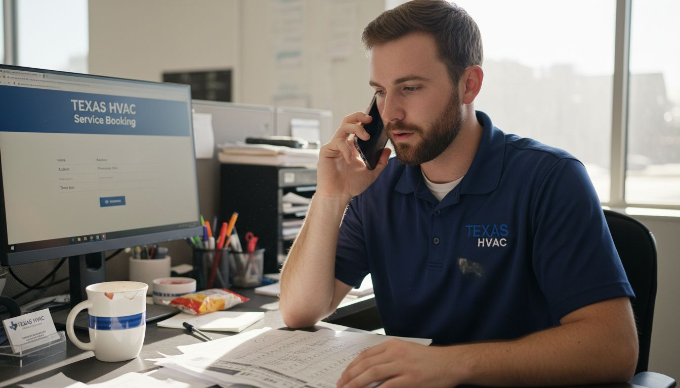 Technician books HVAC service call at cubicle