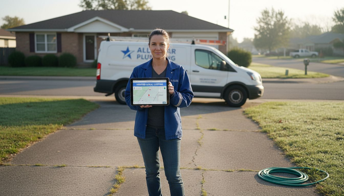 Plumber showing local SEO listing outside home