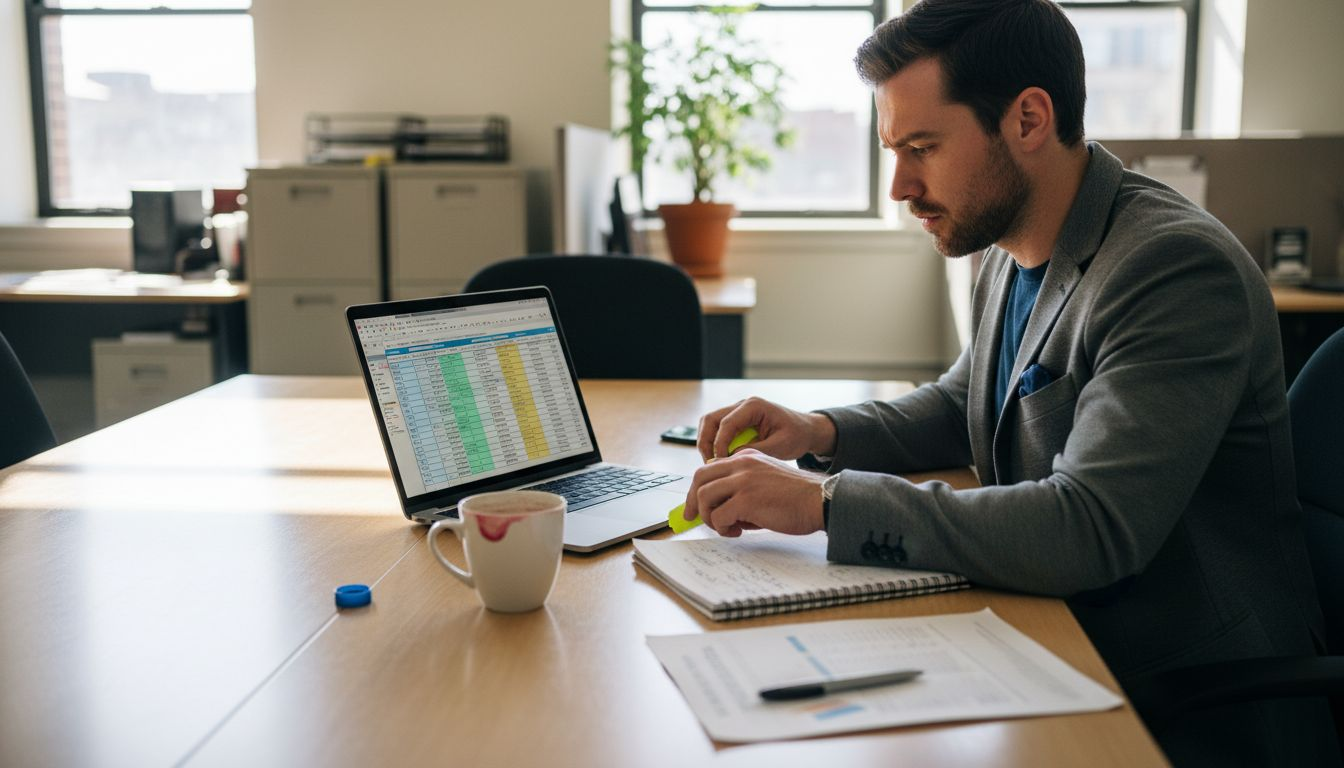 Analyst reviewing HVAC customer spreadsheet