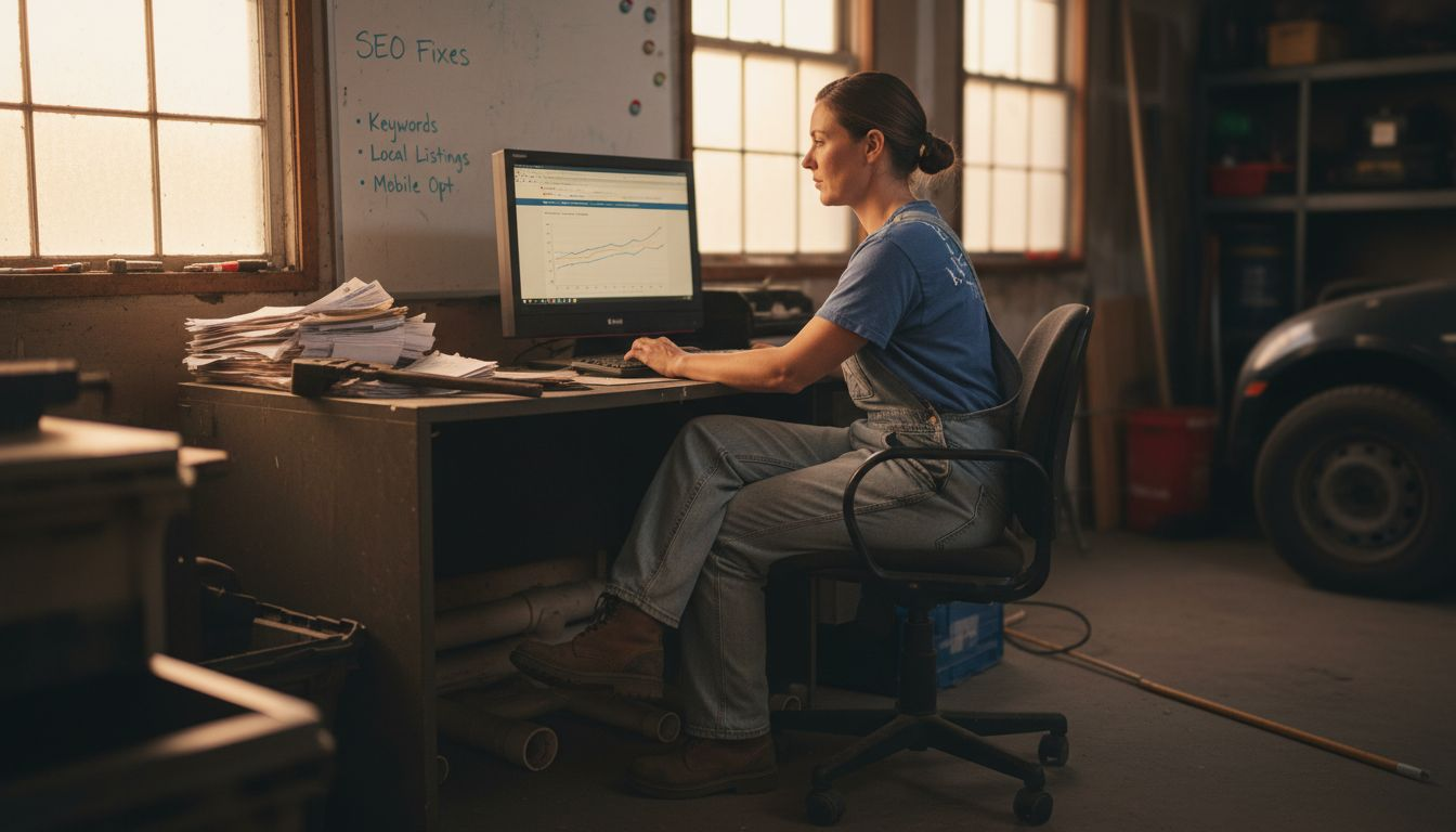 Plumber reviewing website SEO audit tools