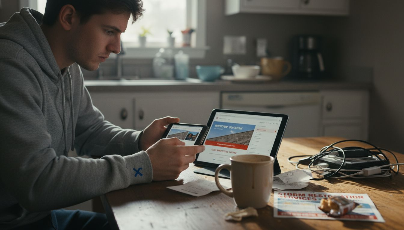 Web developer testing roofing website on phone