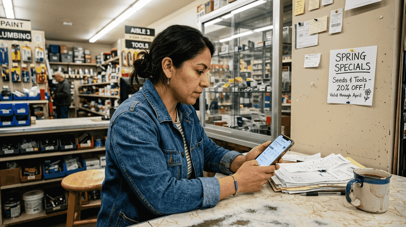 Contractor updating Google Business Profile in store