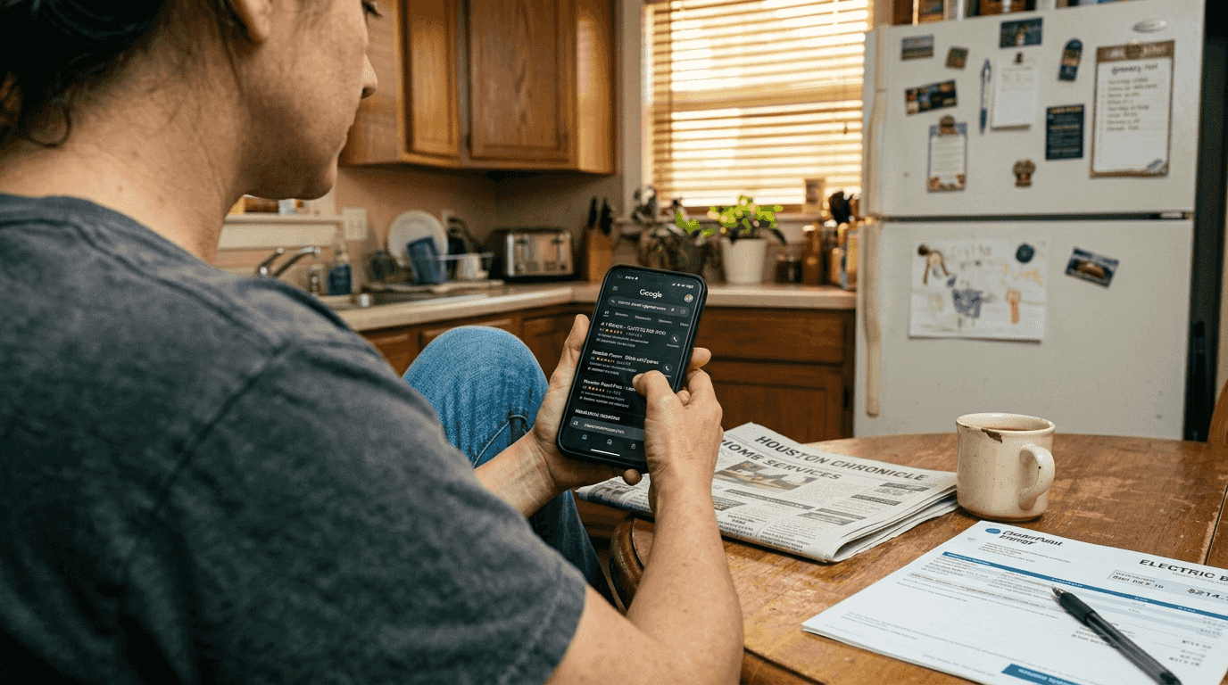 Homeowner searching electricians via smartphone
