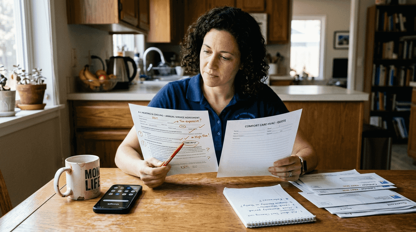 Homeowner reviewing HVAC service page printouts