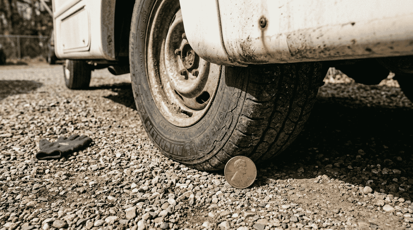 Cracked RV tire sidewall detail