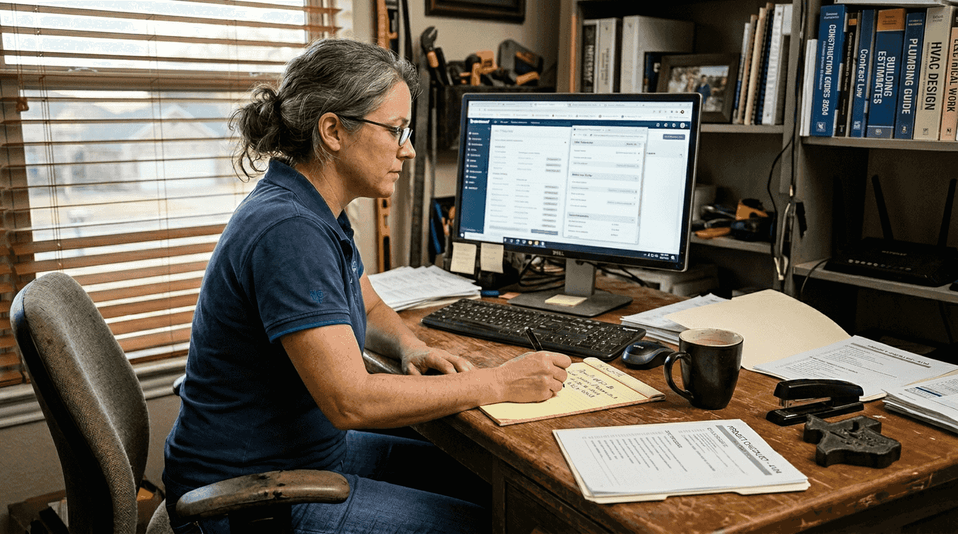 Contractor auditing website structure at desk