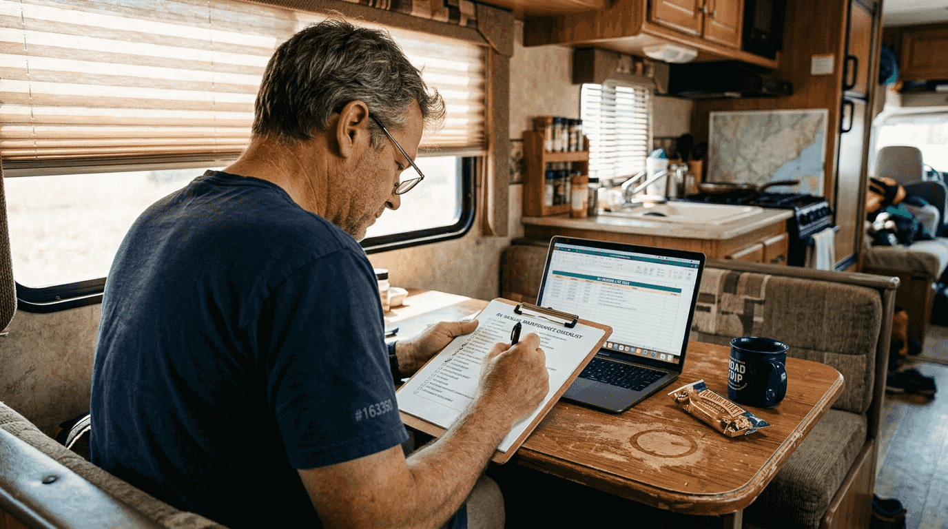 RV owner preparing paperwork at kitchen table