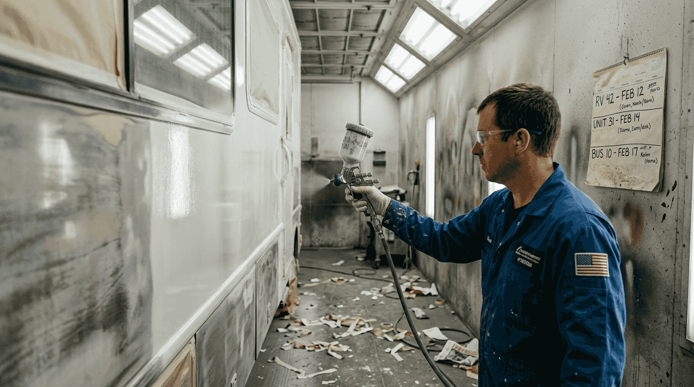 Professional painter refinishing RV surface