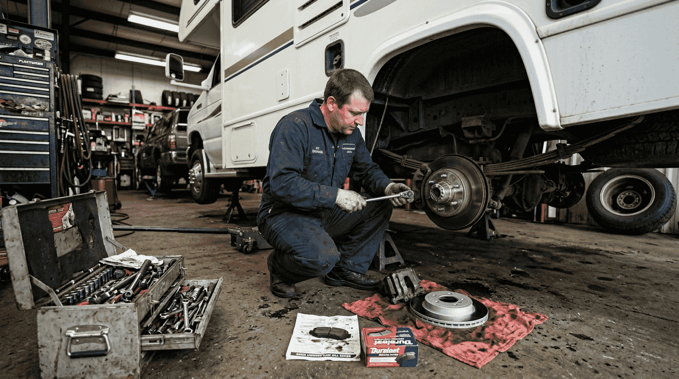 Technician replaces motorhome brake pads in shop