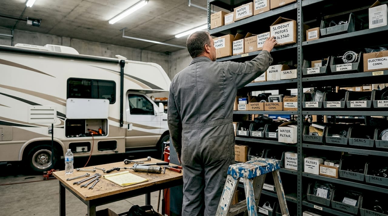 Technician organizing RV parts inventory in service bay