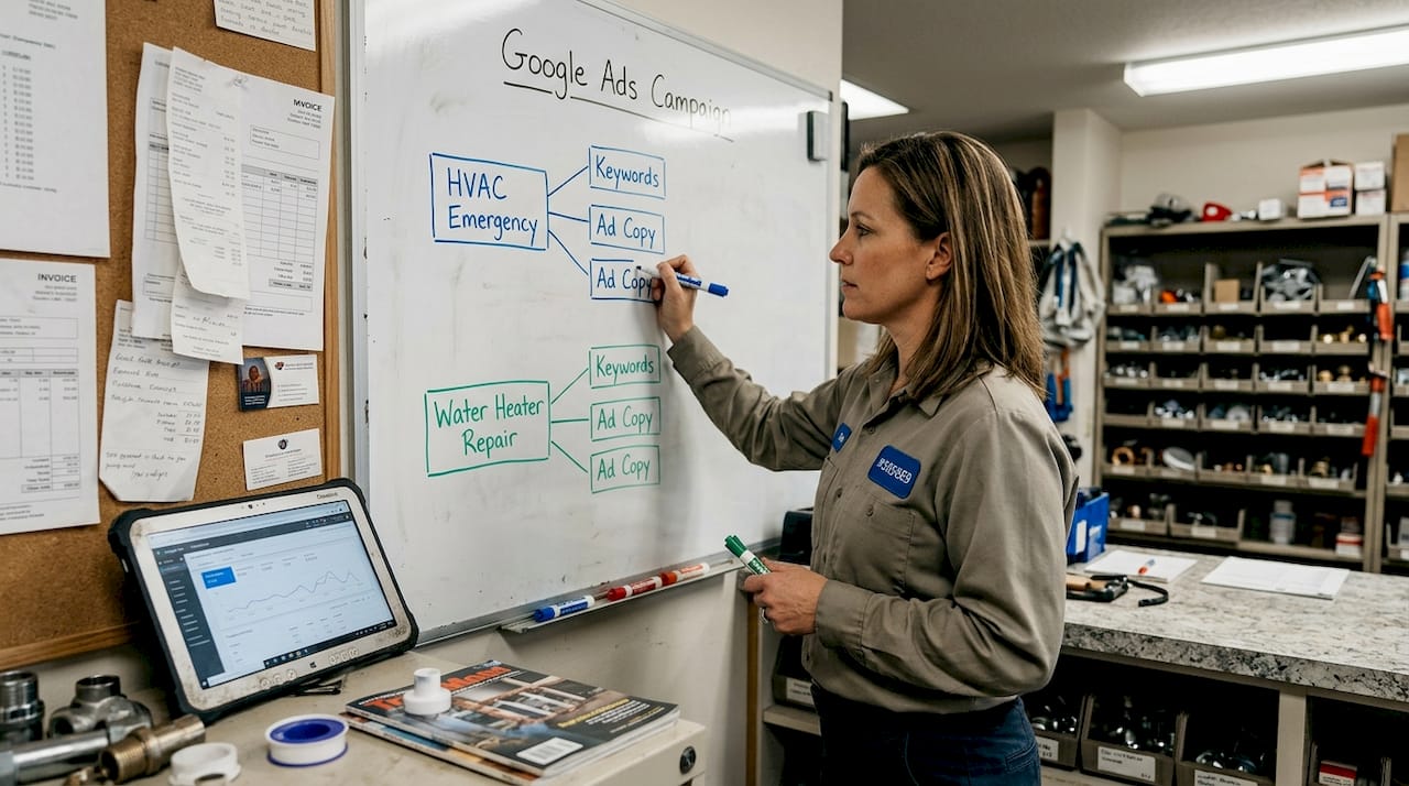 Plumber mapping Google Ads campaign on whiteboard