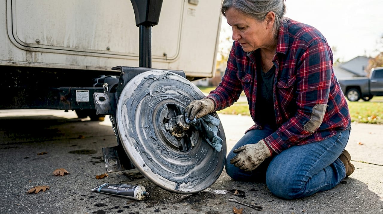 Woman cleaning fifth wheel lube plate